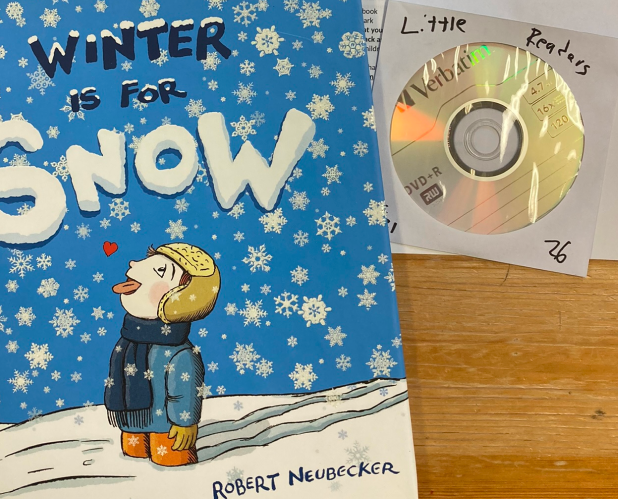 Photo of the cover of the book "Winter is for snow" and a DVD in a sleeve labeled "Little Readers."